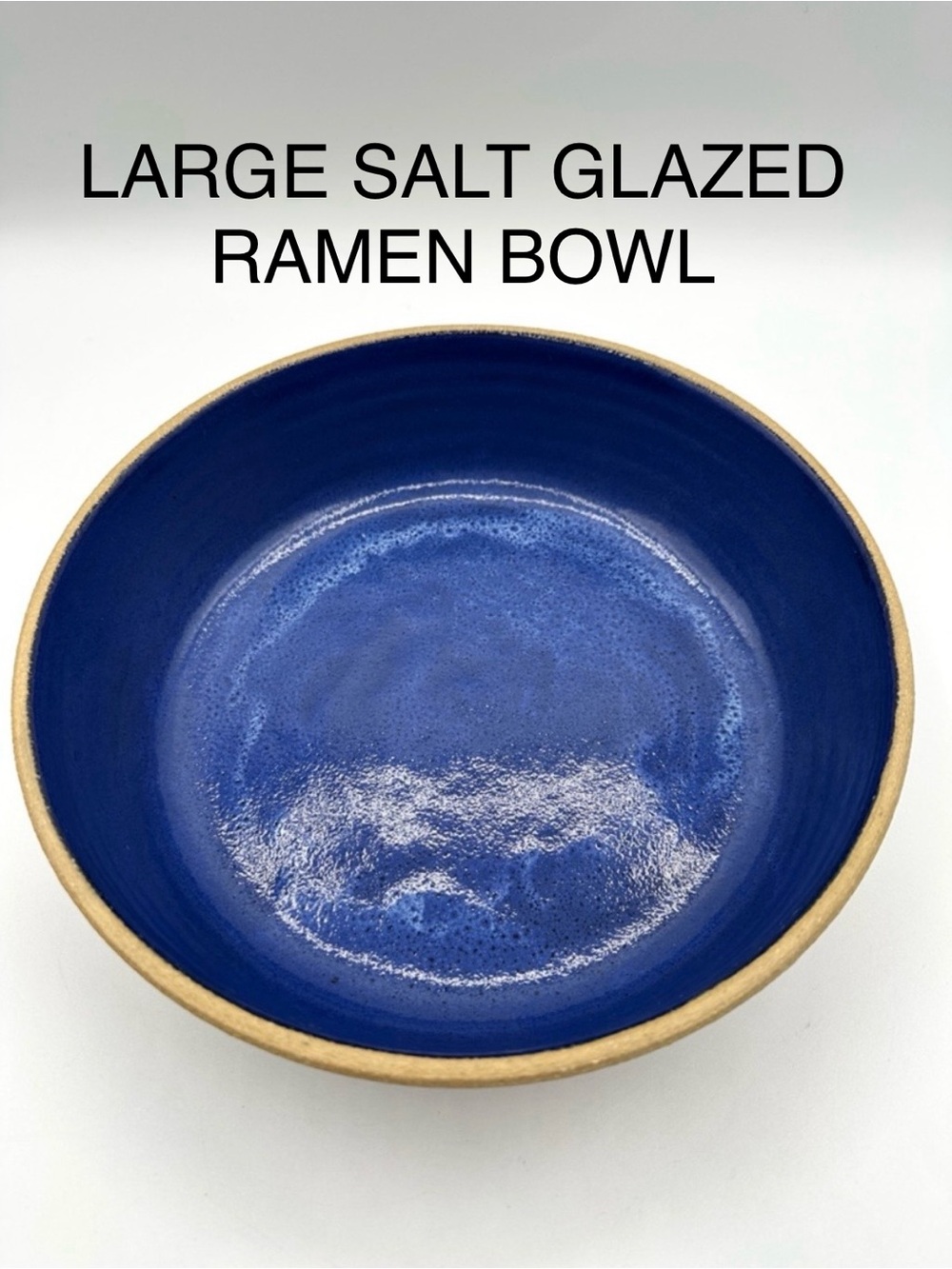 Blue Salt Glazed lining on an Earthen Stoneware Ramen Bowl. 9.5” Signed.